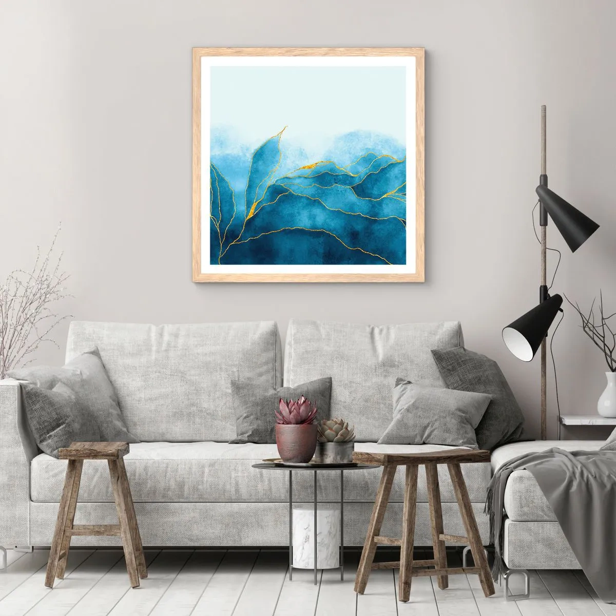 Een poster in een licht eiken lijst - Blauw in goud - 40x40 cm