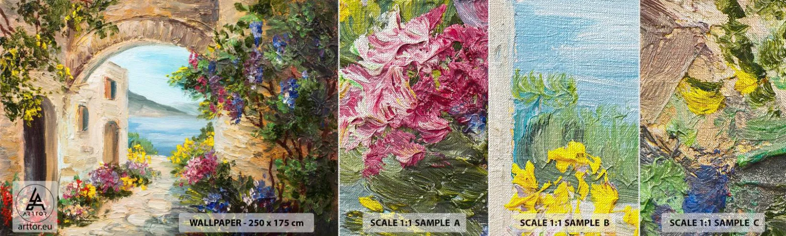 Fotobehang Monster Premium Canvas - De charme van een kustprovincie - Architectuur, Griekenland, Bloemen - 100x30 cm