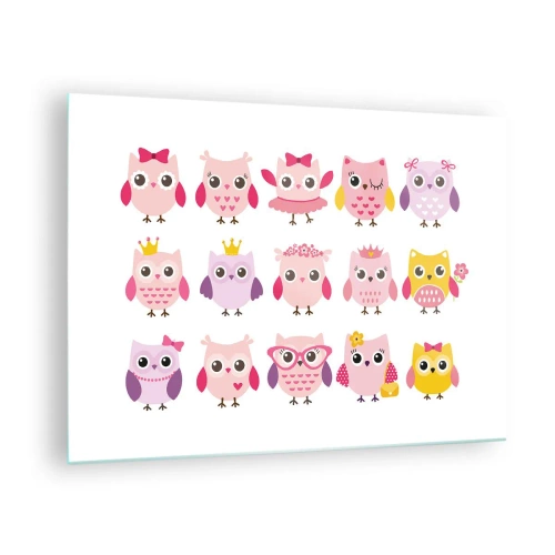 Schilderen op glas - Kleurrijke uilen in verschillende patronen op een witte achtergrond - 70x50cm - De ene is zoeter dan de andere - Moderne wanddecoratie voor woonkamer en slaapkamer ARTTOR