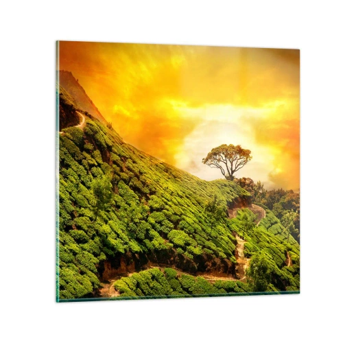 Schilderen op glas - Een kronkelend pad, een groene helling - 70x70 cm