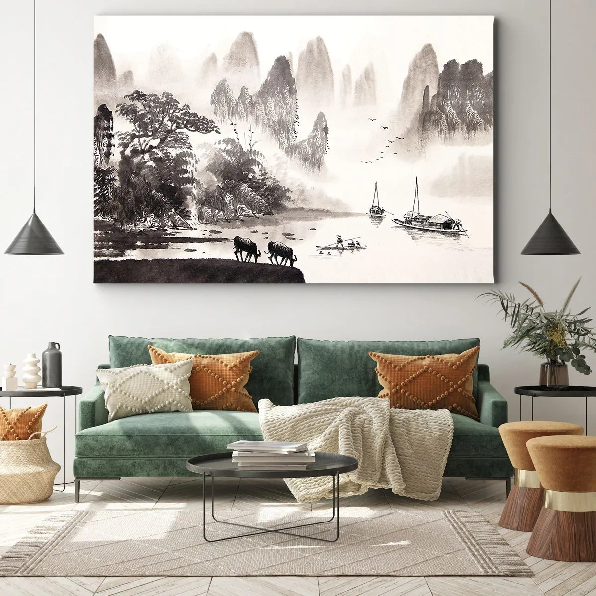 Schilderen op canvas - Een schilderachtig Aziatisch landschap met mistige bergen - 70x50cm - Het exotische alledaagse leven van het Oosten - Moderne wanddecoratie voor woonkamer en slaapkamer ARTTOR