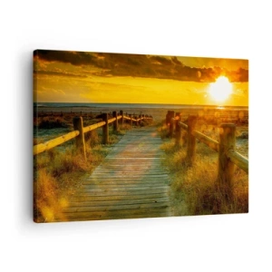 Schilderen op canvas - Een houten pad dat naar het strand leidt in de gloed van de ondergaande zon - 70x50cm - Badend in oud goud - Moderne wanddecoratie voor woonkamer en slaapkamer ARTTOR