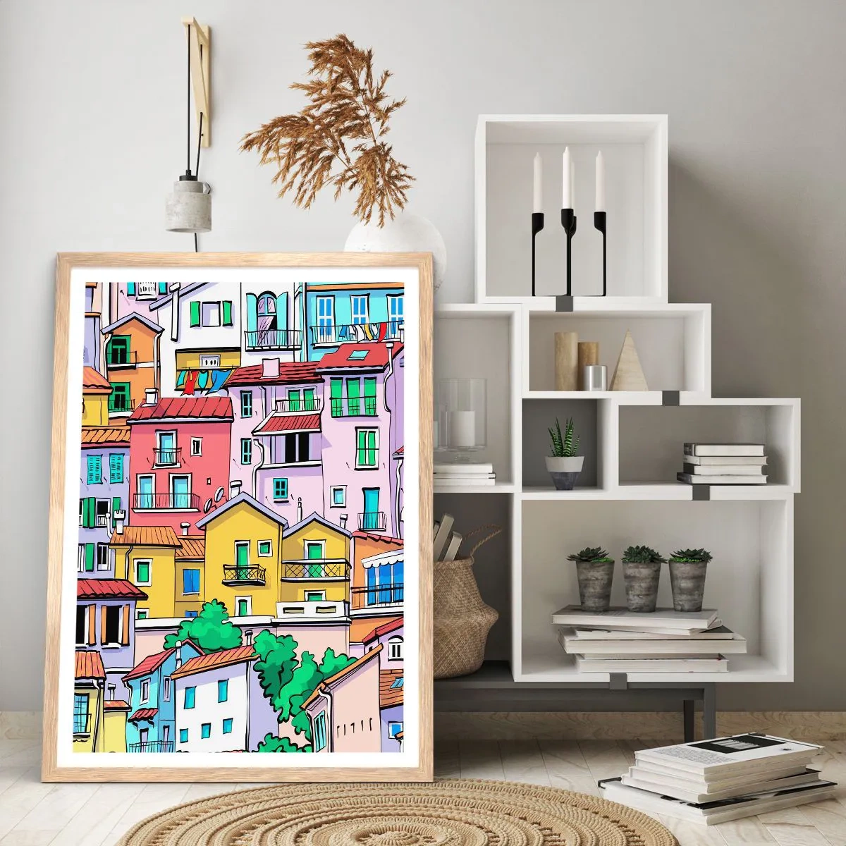 Een poster in een licht eiken lijst - Vrolijke stad - 70x100 cm