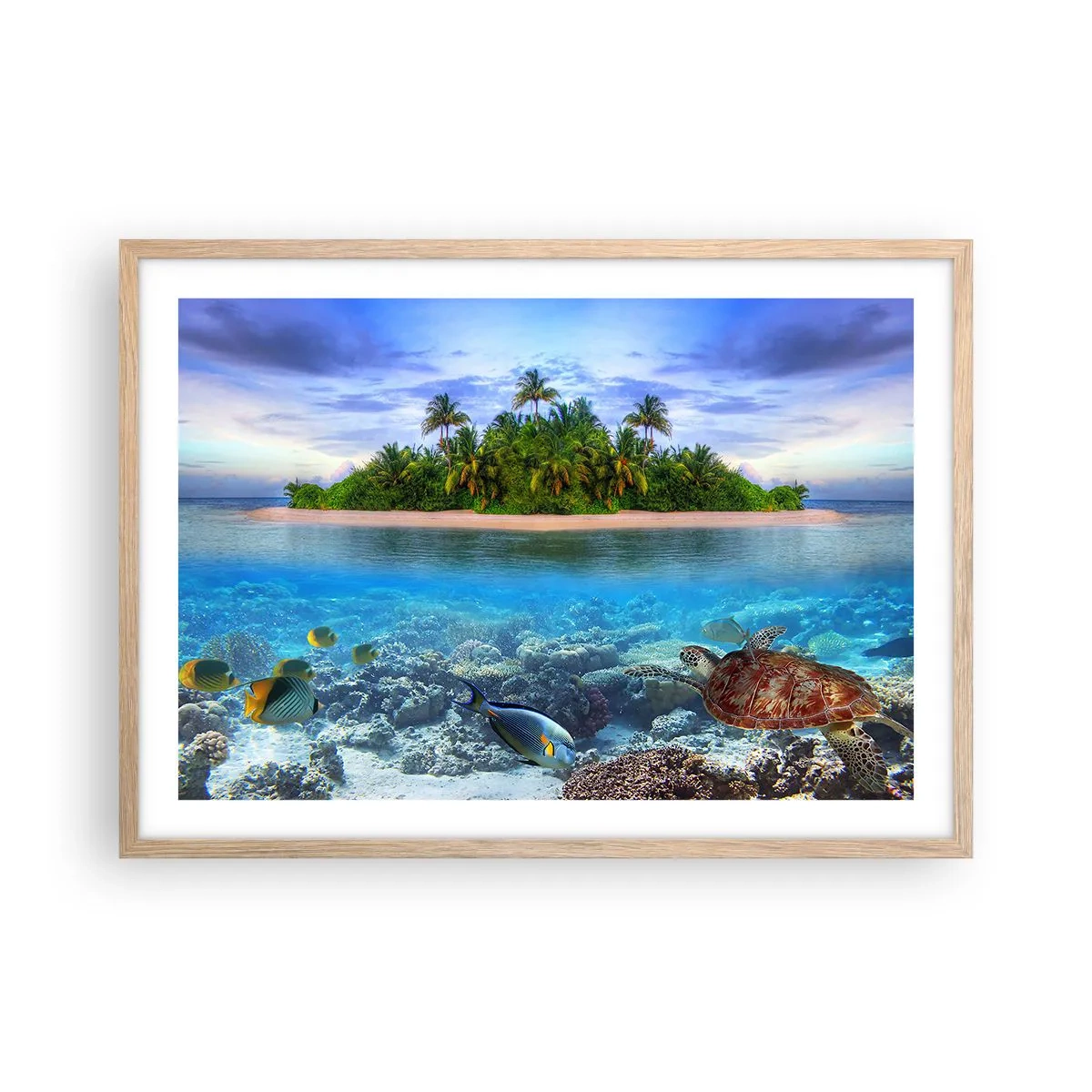 Een poster in een licht eiken lijst - Hemels eiland nodigt je uit - 70x50 cm