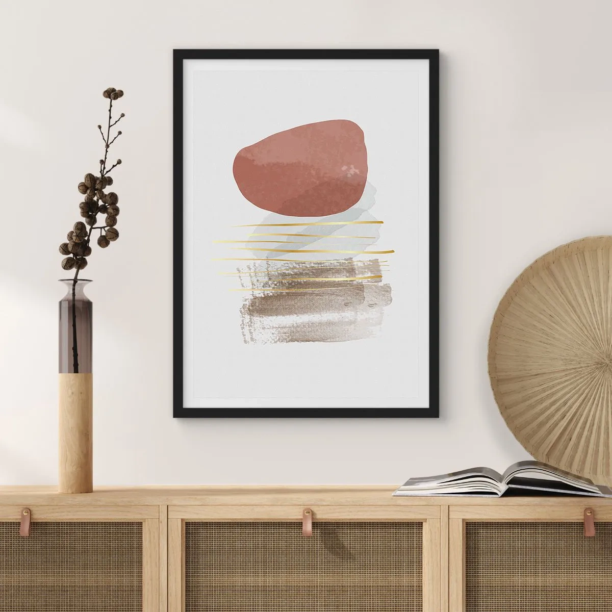 Poster in een zwarte lijst - Minimalistische abstractie met geometrische vormen en gouden lijnen - 50x70cm - Abstracte zuilengalerij - Moderne wanddecoratie voor woonkamer en slaapkamer ARTTOR