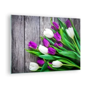 Schilderen op glas - Een boeket paarse en witte tulpen op een houten achtergrond - 70x50cm - Op de dag van een voorjaarsvakantie - Moderne wanddecoratie voor woonkamer en slaapkamer ARTTOR