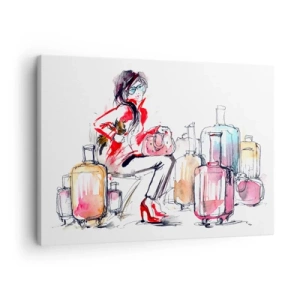 Schilderen op canvas - Een vrouw met koffers in een dynamische aquarelillustratie - 70x50cm - Laten we gaan zitten voor de reis - Moderne wanddecoratie voor woonkamer en slaapkamer ARTTOR