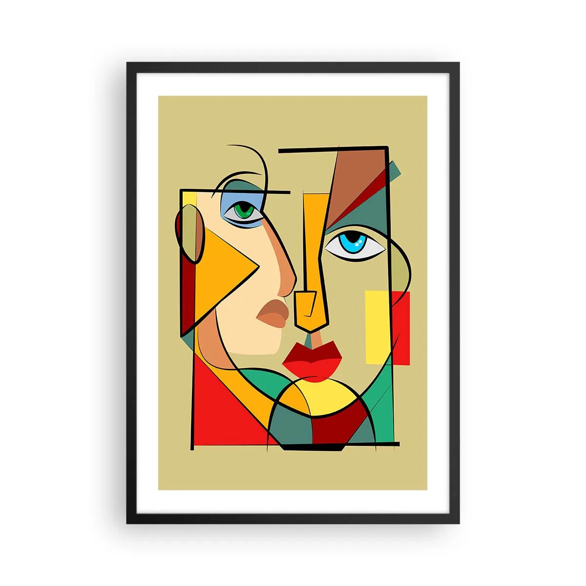 Poster in een zwarte lijst - Een kubistisch portret in intense kleuren - 50x70cm - Bij elkaar passend paar - Moderne wanddecoratie voor woonkamer en slaapkamer ARTTOR