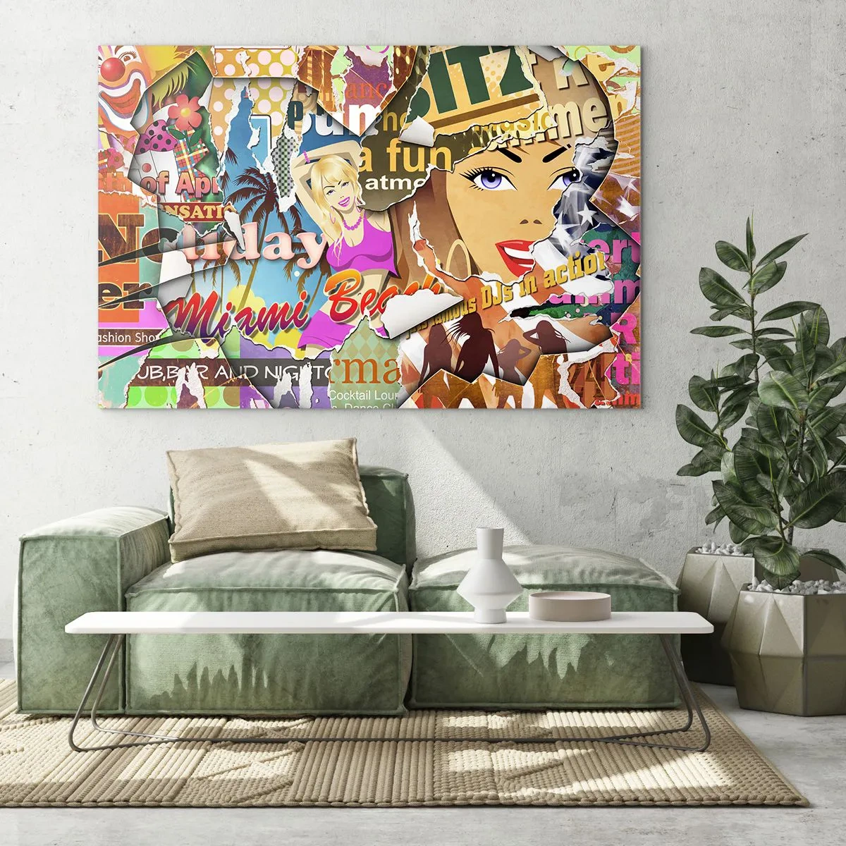 Schilderen op glas - Kleurrijke retrocollage met posters en afbeeldingen - 70x50cm - Zomerse flashbacks - Moderne wanddecoratie voor woonkamer en slaapkamer ARTTOR