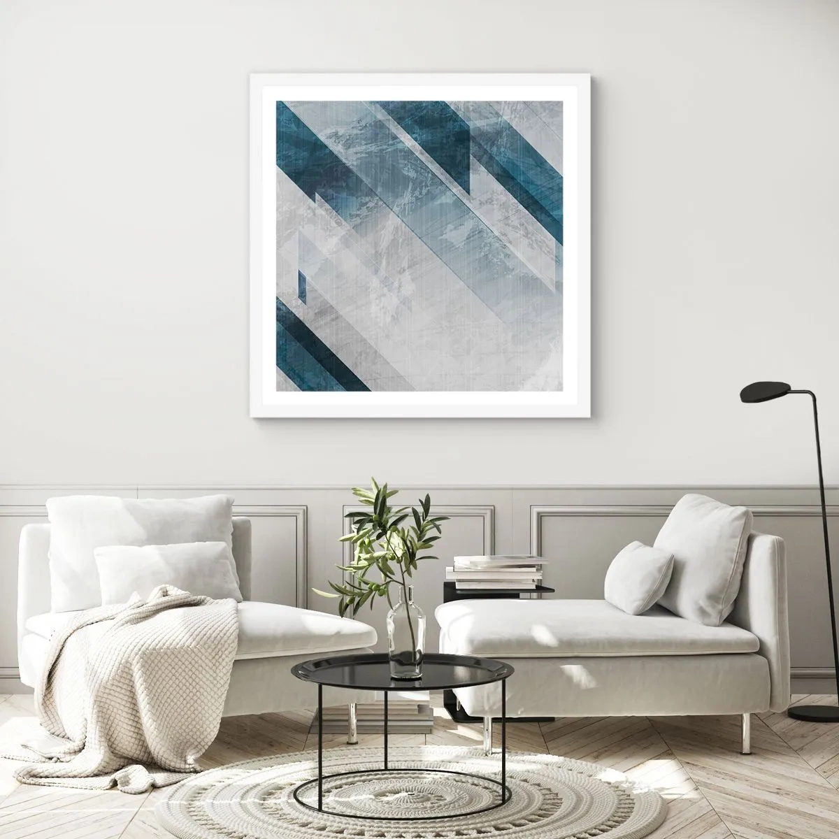 Poster in een witte lijst - Ruimtelijke compositie - grijze beweging - 60x60 cm