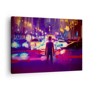 Schilderen op canvas - Een man in een neonstadsnachtscène - 70x50cm - Ondergedompeld in het licht - Moderne wanddecoratie voor woonkamer en slaapkamer ARTTOR