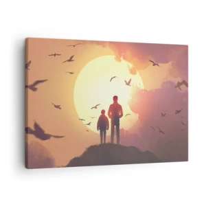 Schilderen op canvas - Figuren tegen de achtergrond van de ondergaande zon - 70x50cm - Oog in oog met de zon - Moderne wanddecoratie voor woonkamer en slaapkamer ARTTOR