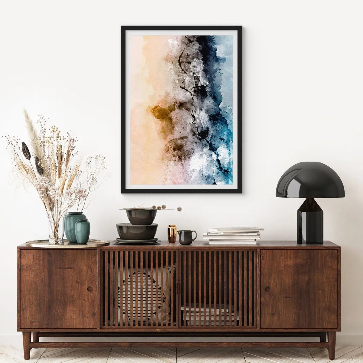 Poster in een zwarte lijst - Abstracte compositie in tinten blauw en beige - 50x70cm - Verdronken in een wolk van mist - Moderne wanddecoratie voor woonkamer en slaapkamer ARTTOR