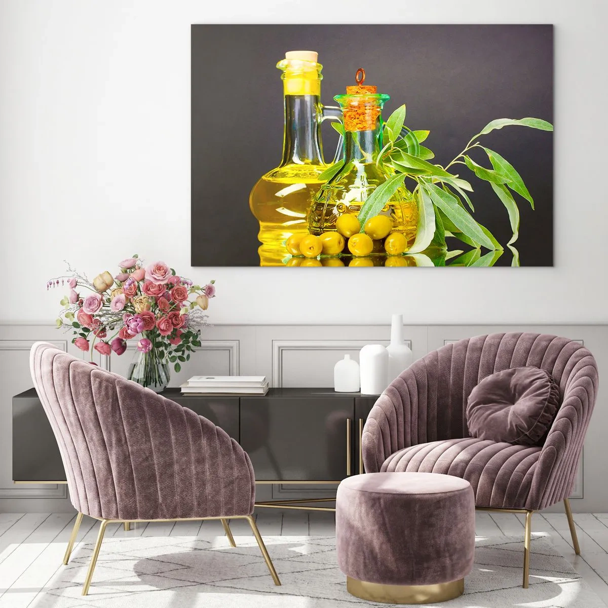 Schilderen op glas - Flessen olijfolie en een tak met olijven op de achtergrond - 70x50cm - Stilleven met olijven en olijfolie - Moderne wanddecoratie voor woonkamer en slaapkamer ARTTOR