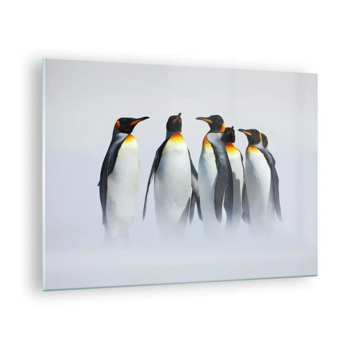 Schilderen op glas - Een groep pinguïns in een winterlandschap - 70x50cm - Ontmoeting in avondjurken - Moderne wanddecoratie voor woonkamer en slaapkamer ARTTOR