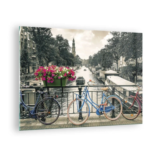 Schilderen op glas - Kleurrijke fietsen op de kanaalbrug - 70x50cm - De kleuren van de Amsterdamse straat - Moderne wanddecoratie voor woonkamer en slaapkamer ARTTOR