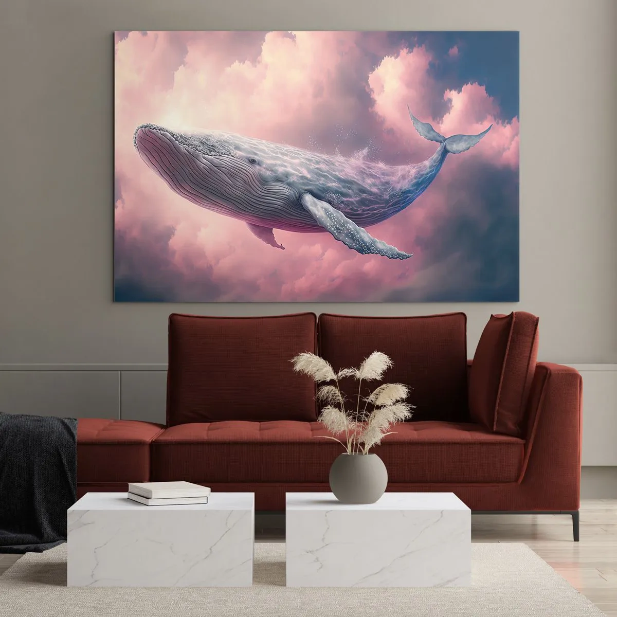 Schilderen op glas - Een walvis die in de wolken zweeft met een roze gloed - 70x50cm - Wrijf over je ogen - Moderne wanddecoratie voor woonkamer en slaapkamer ARTTOR