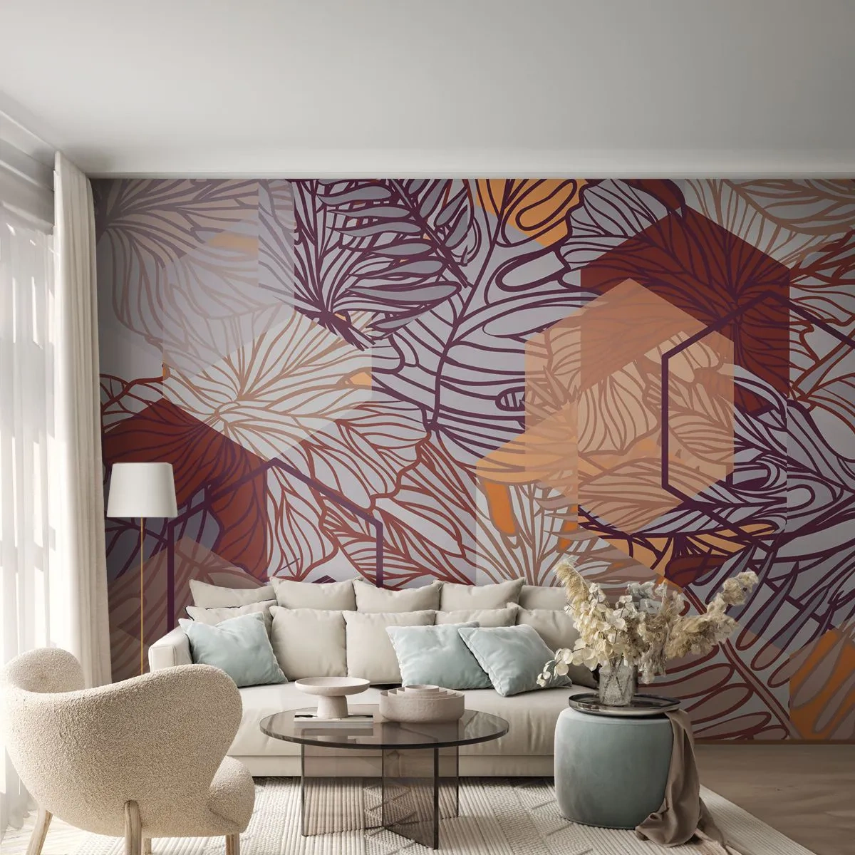 Fotobehang Premium Sand - Onmogelijke relatie tussen geometrie en natuur - Abstractie, Grafisch, Bladeren - 250x175 cm