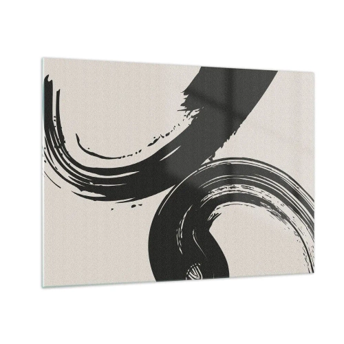 Schilderen op glas - Zwarte, dynamische kalligrafische penseelstreken op een lichte achtergrond. - 70x50cm - Vegend en cirkevormig - Moderne wanddecoratie voor woonkamer en slaapkamer ARTTOR