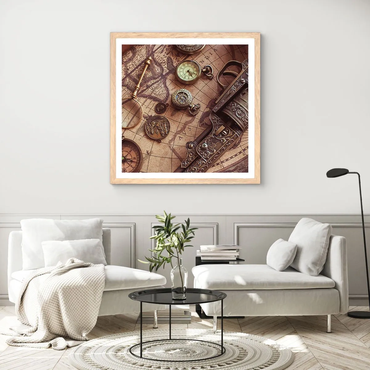 Een poster in een licht eiken lijst - Avontuur roept - 60x60 cm