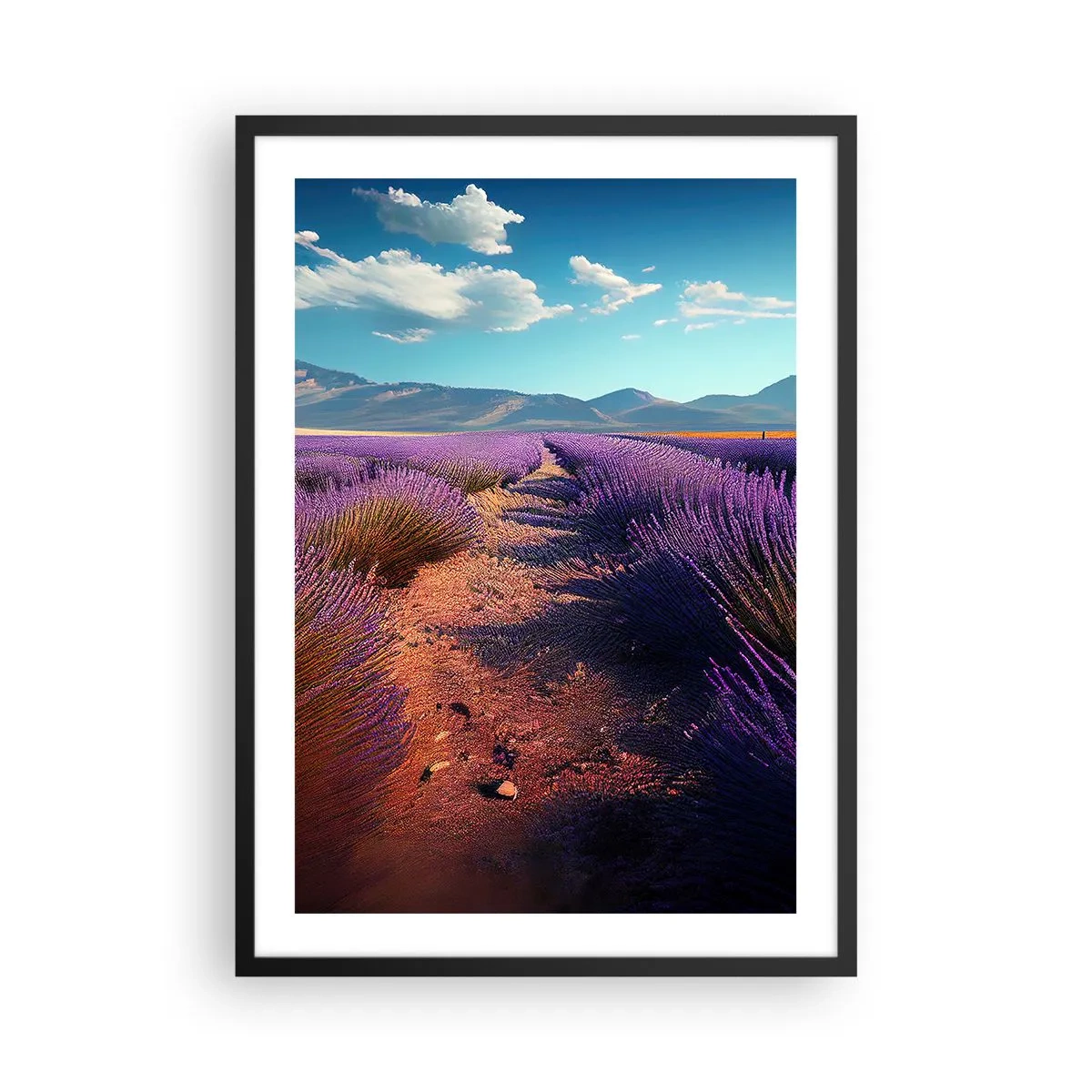 Poster in een zwarte lijst - Een lavendelveld bij zonsondergang met een berglandschap op de achtergrond - 50x70cm - Geurige velden - Moderne wanddecoratie voor woonkamer en slaapkamer ARTTOR