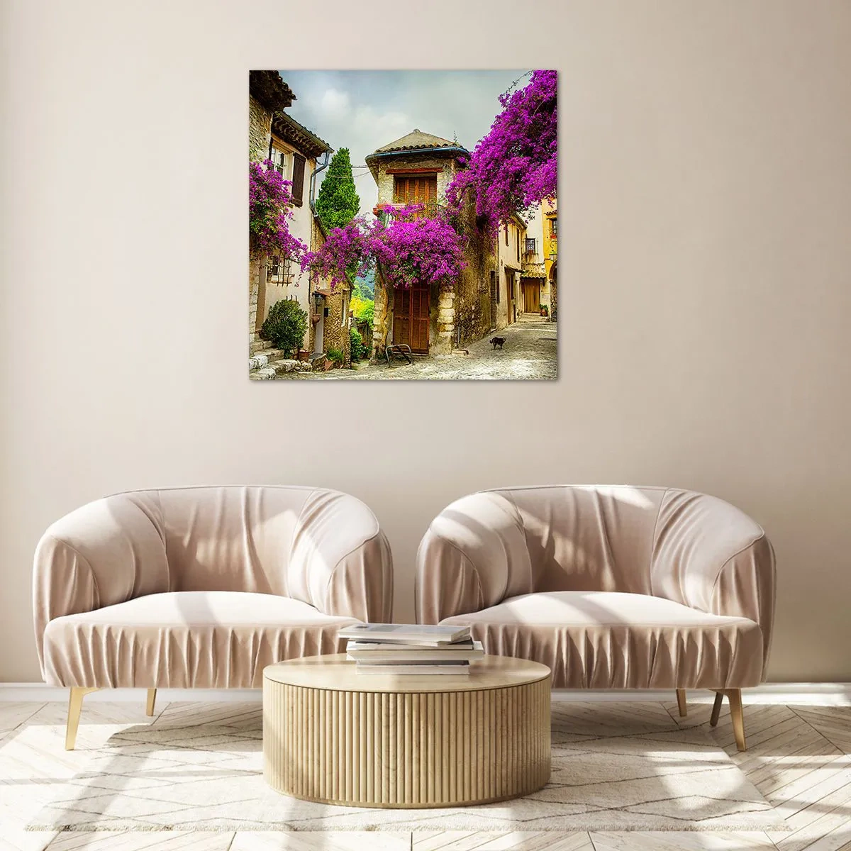 Schilderen op glas - Onder een bloemenluifel - 70x70 cm