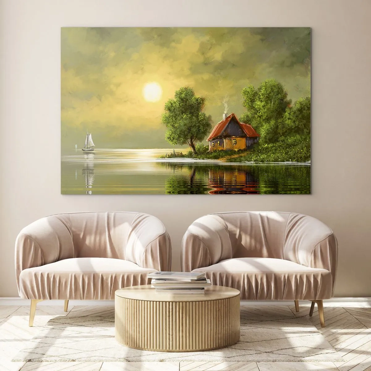 Schilderen op glas - Een schilderachtig landschap met een huisje aan het meer bij zonsondergang - 70x50cm - Mooi, als een foto - Moderne wanddecoratie voor woonkamer en slaapkamer ARTTOR