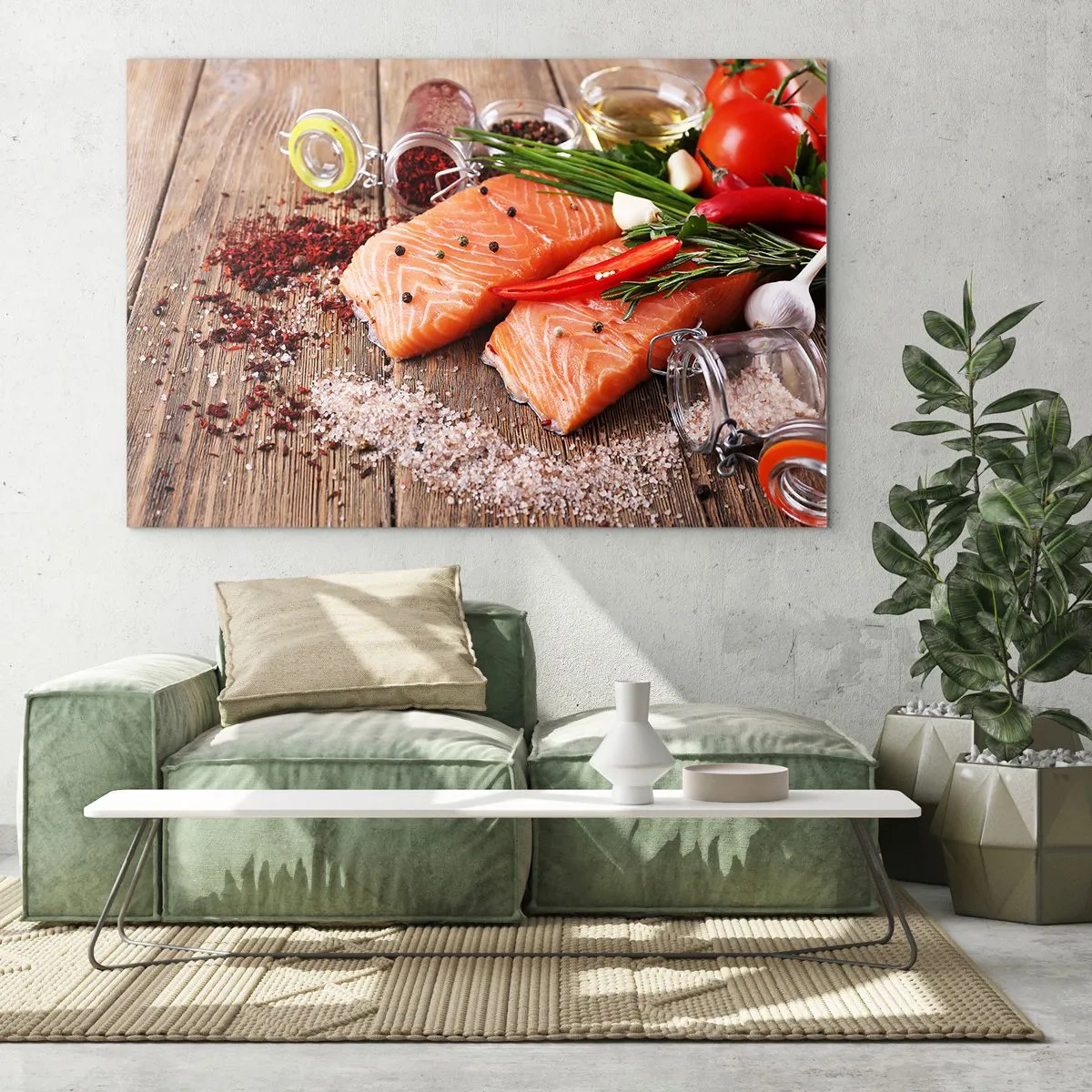 Schilderen op glas - Zalmfilets met kruiden op een houten aanrecht - 70x50cm - Noors avontuur in de keuken - Moderne wanddecoratie voor woonkamer en slaapkamer ARTTOR