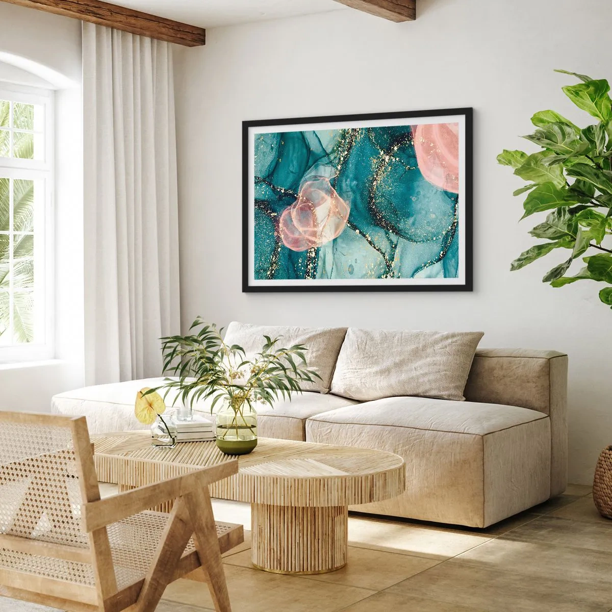 Poster in een zwarte lijst - Zijdeblauw, tule roze - 100x70 cm