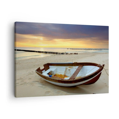 Schilderen op canvas - Een boot op een zandstrand bij zonsondergang - 70x50cm - Er zijn geen mooiere stranden meer - Moderne wanddecoratie voor woonkamer en slaapkamer ARTTOR