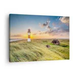 Schilderen op canvas - Een vuurtoren met weilanden en huizen in de zon op de achtergrond - 70x50cm - Tussen de golven - Moderne wanddecoratie voor woonkamer en slaapkamer ARTTOR