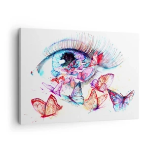Schilderen op canvas - Een aquareloog omringd door kleurrijke vlinders - 70x50cm - Sprookjesachtige ogen charme - Moderne wanddecoratie voor woonkamer en slaapkamer ARTTOR