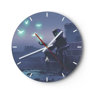 Wandklok - Klok - Een figuur in het donker met neonvogels op de achtergrond - 30x30cm - Het leven komt terug - Moderne wanddecoratie voor woonkamer, keuken en slaapkamer ARTTOR