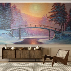 Fotobehang Premium Sand - Vier seizoenen - winter - Landschap, Rivier, Brug - 100x70 cm