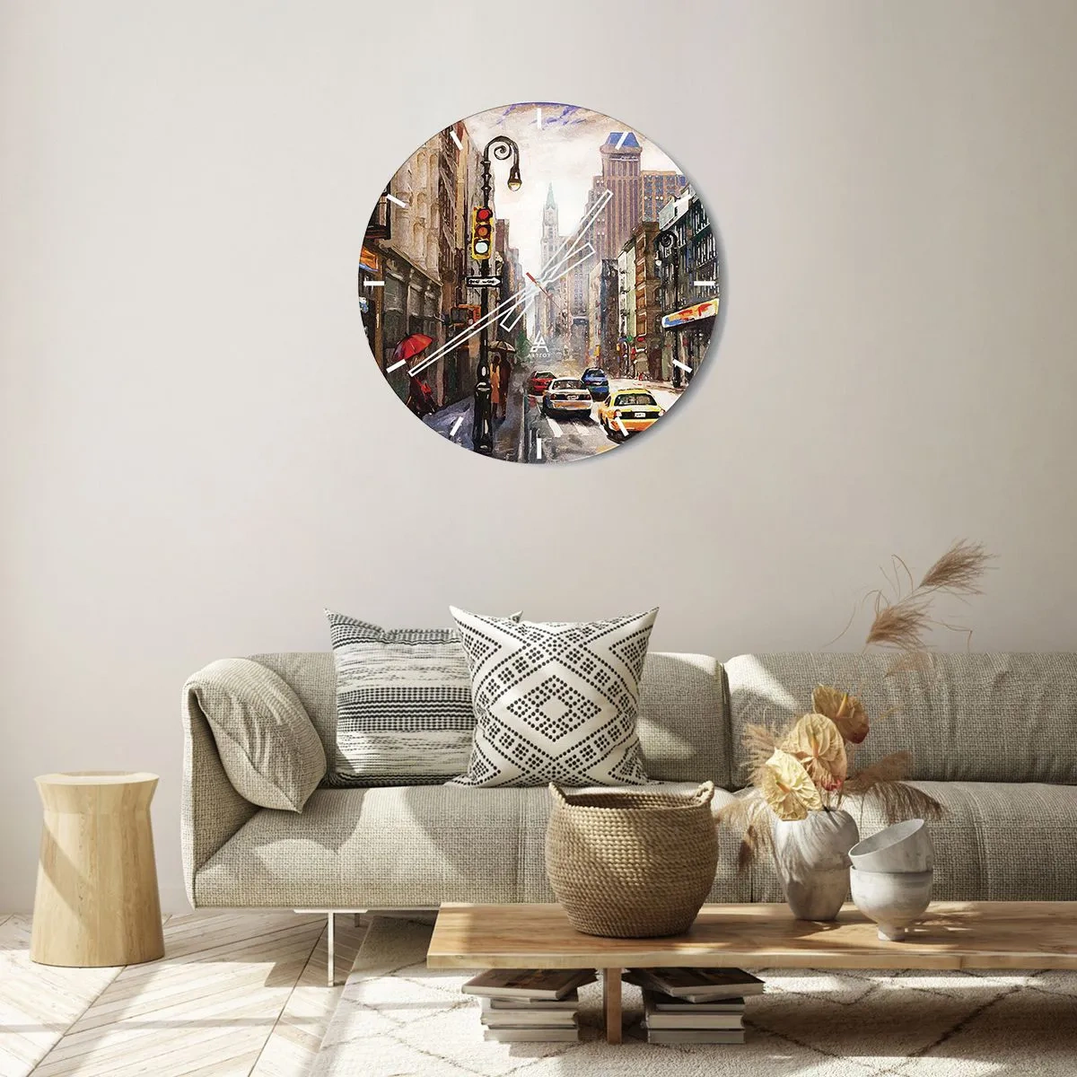 Wandklok - Klok - Een New Yorkse straat in schilderachtige stijl - 30x30cm - New York - ook kleurrijk in de regen - Moderne wanddecoratie voor woonkamer, keuken en slaapkamer ARTTOR