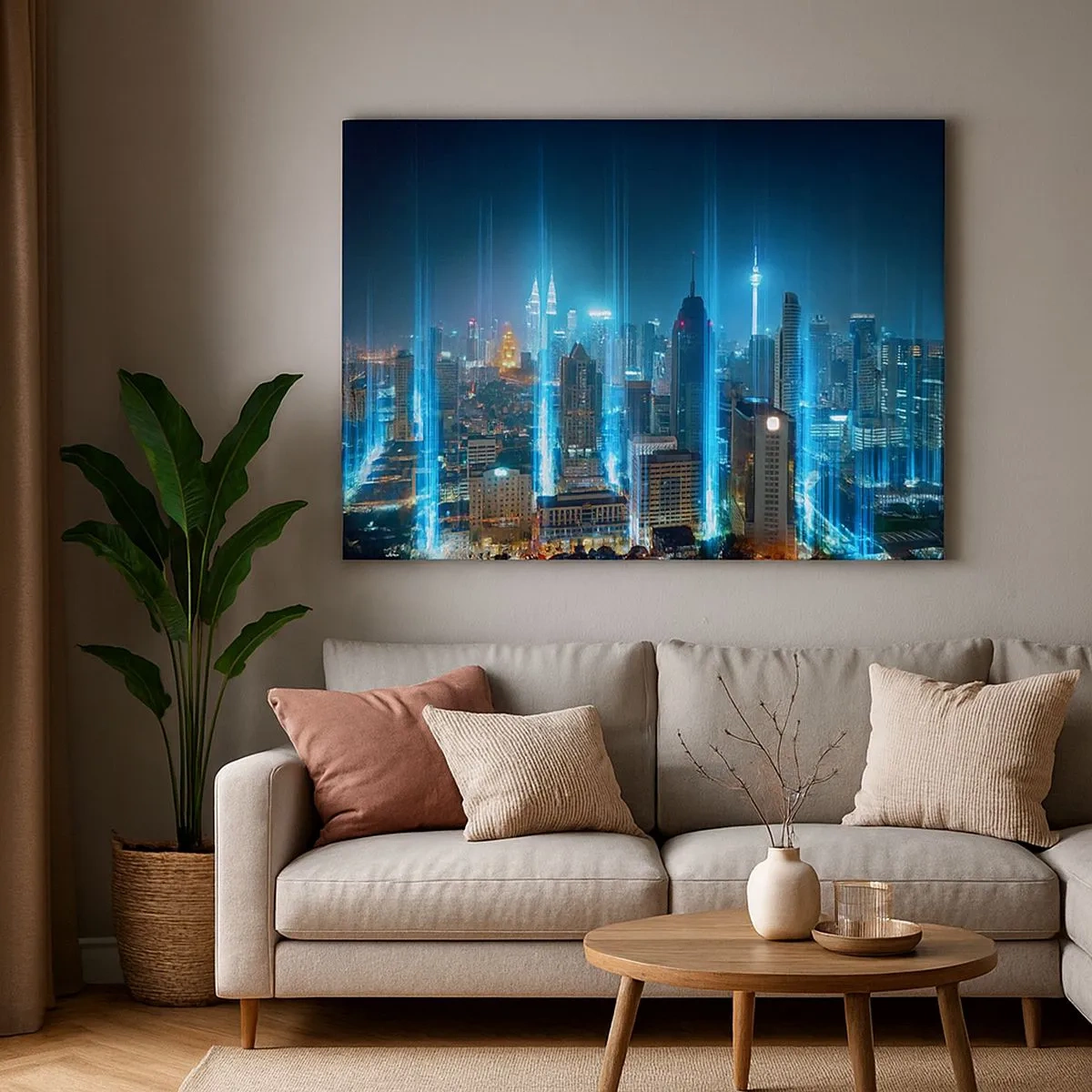 Schilderen op canvas - Een moderne stad bij nacht met futuristische lichtaccenten. - 70x50cm - Op z'n Berlijns naar de hemel - Moderne wanddecoratie voor woonkamer en slaapkamer ARTTOR