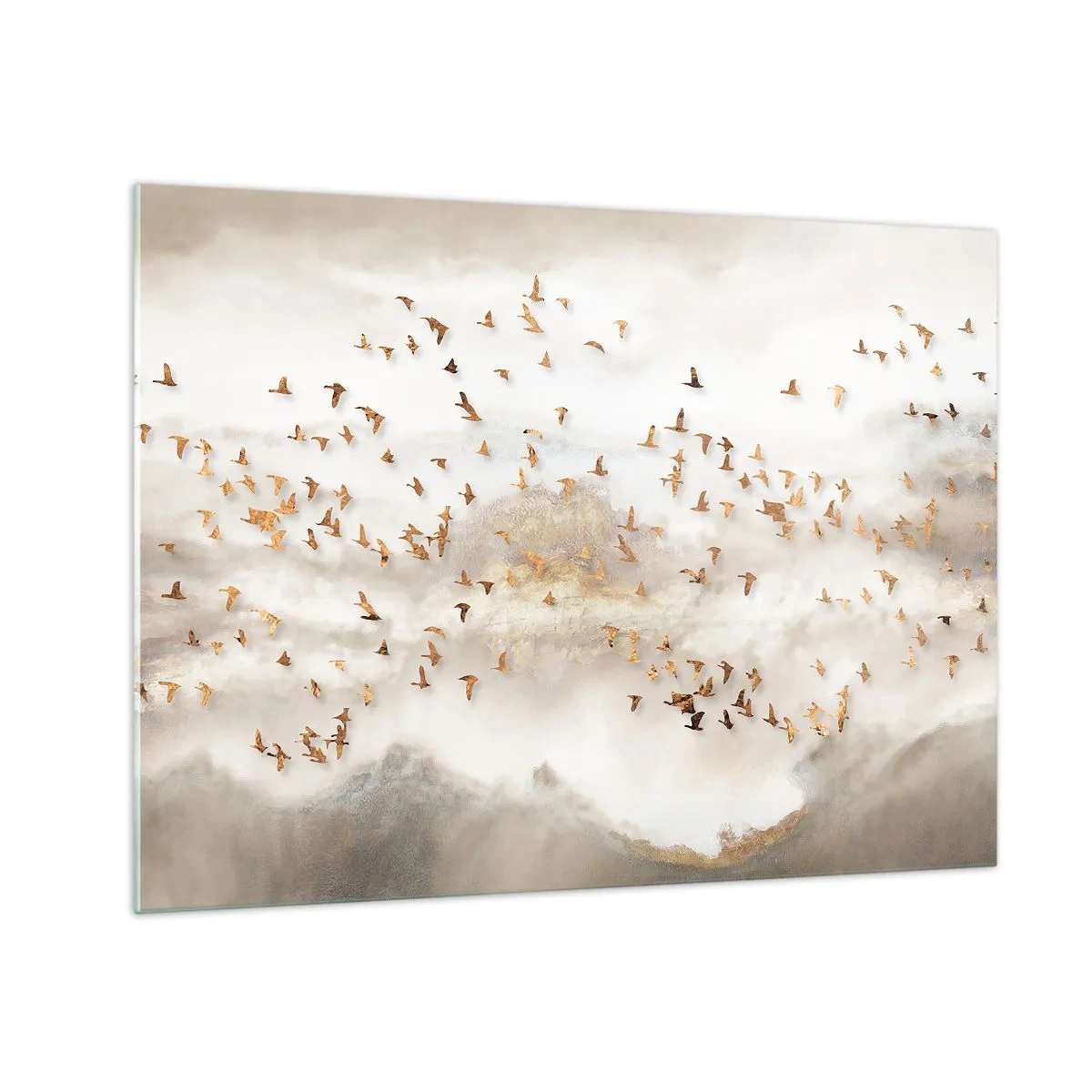Schilderen op glas - Een zwerm vogels vliegt over een mistig landschap - 70x50cm - Het is tijd… - Moderne wanddecoratie voor woonkamer en slaapkamer ARTTOR