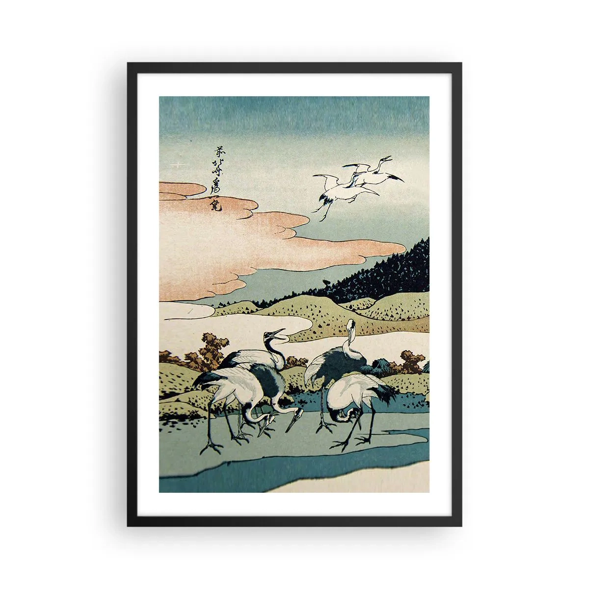 Poster in een zwarte lijst - Traditioneel Japans kunstwerk met kraanvogels in een natuurlijk landschap - 50x70cm - In de Japanse geest - Moderne wanddecoratie voor woonkamer en slaapkamer ARTTOR
