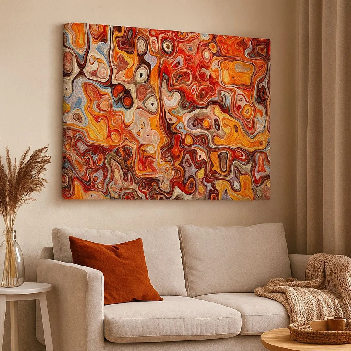 Schilderen op canvas - Een abstracte compositie in warme tinten rood, oranje en geel. - 70x50cm - Als de noten gesmolten zijn in honing - Moderne wanddecoratie voor woonkamer en slaapkamer ARTTOR