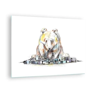 Schilderen op glas - Een beer kijkt naar de stad in een artistieke compositie - 70x50cm - Hoe kun je zo leven? - Moderne wanddecoratie voor woonkamer en slaapkamer ARTTOR