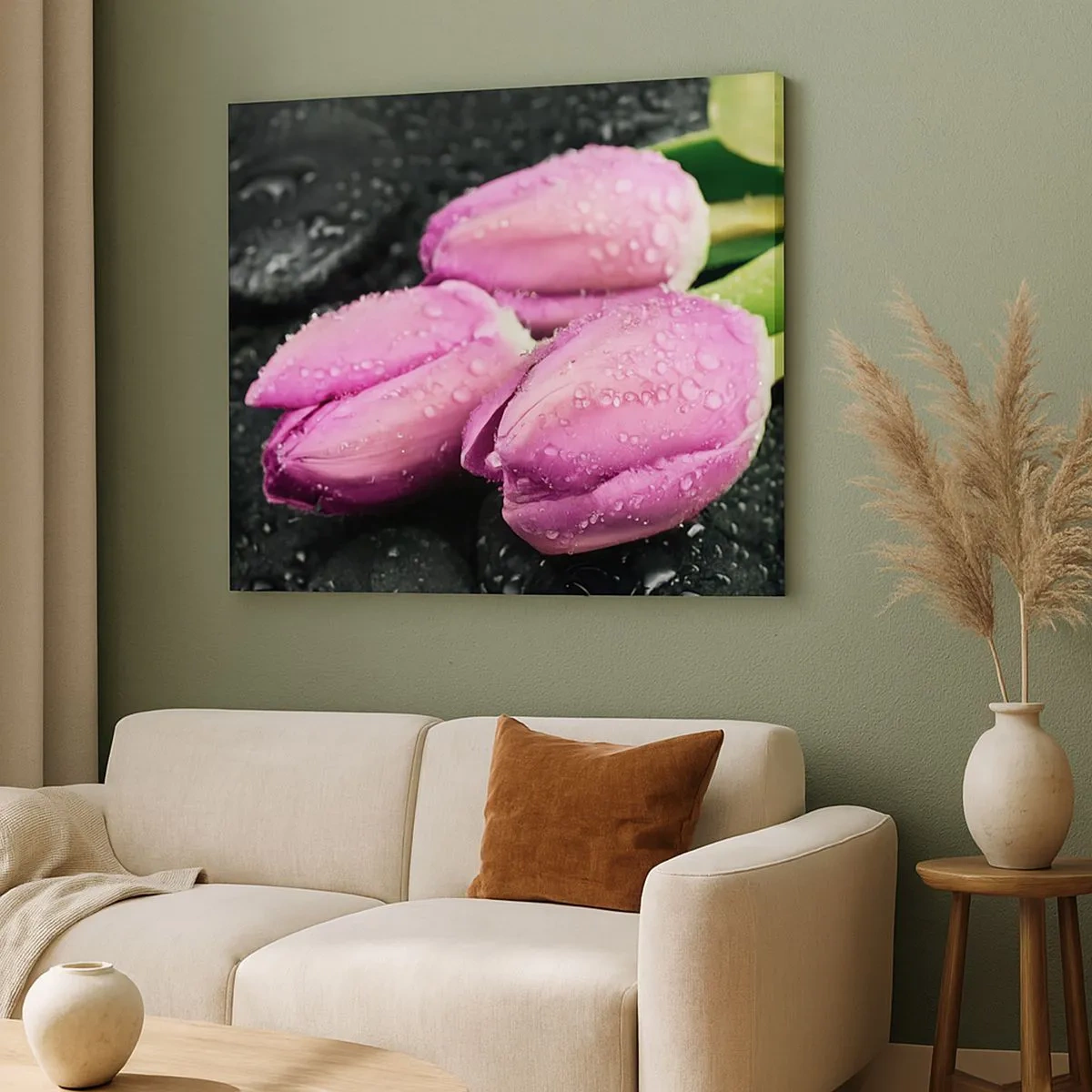 Schilderen op canvas - Drie roze tulpen met waterdruppels op een zwarte achtergrond - 70x50cm - Lila drie op een zwarte steen - Moderne wanddecoratie voor woonkamer en slaapkamer ARTTOR