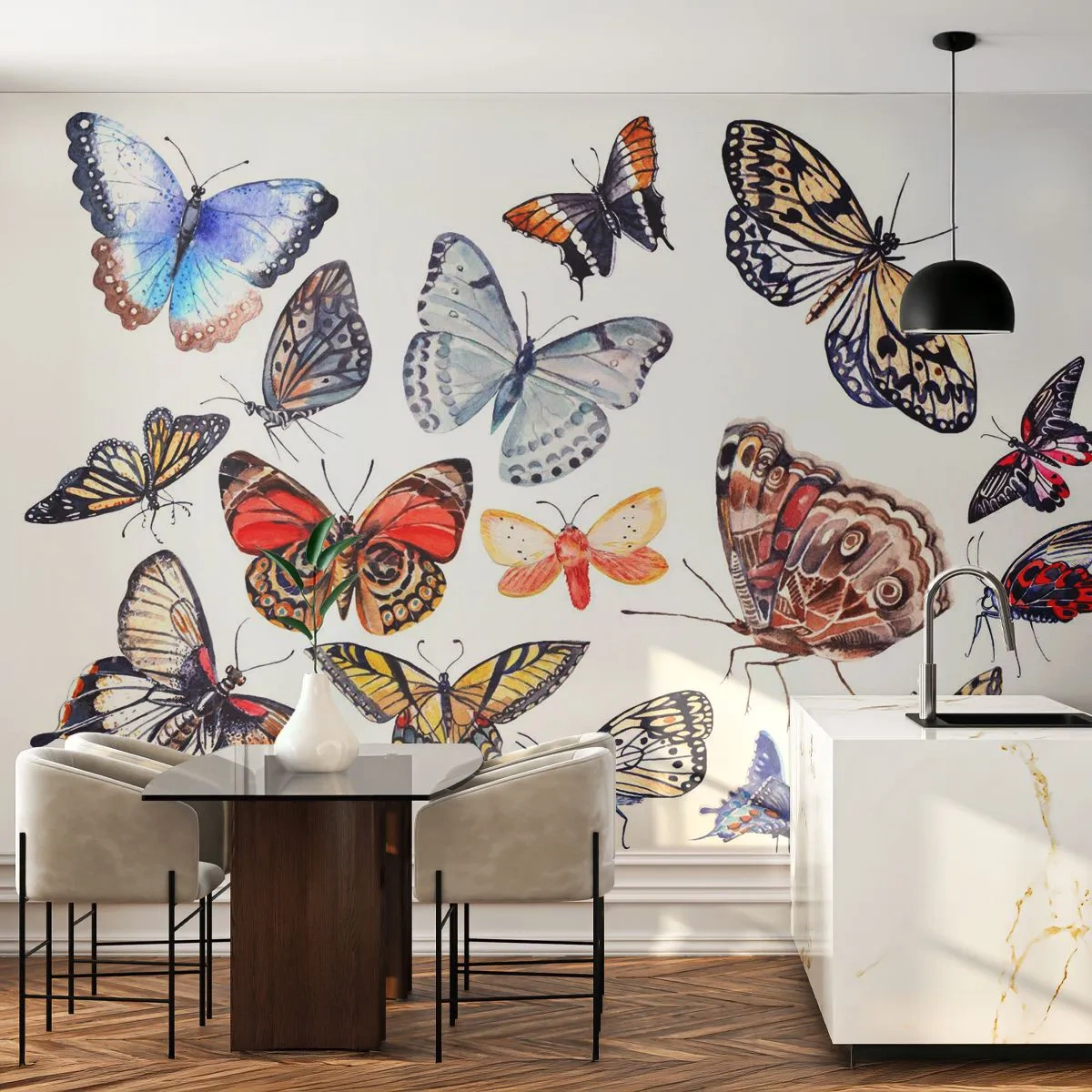 Zelfklevend Fotobehang Deluxe Sticker - Kanten, kleurrijke zwerm - Voor kinderen, Kleurrijke vlinders, Grafisch - 250x175 cm