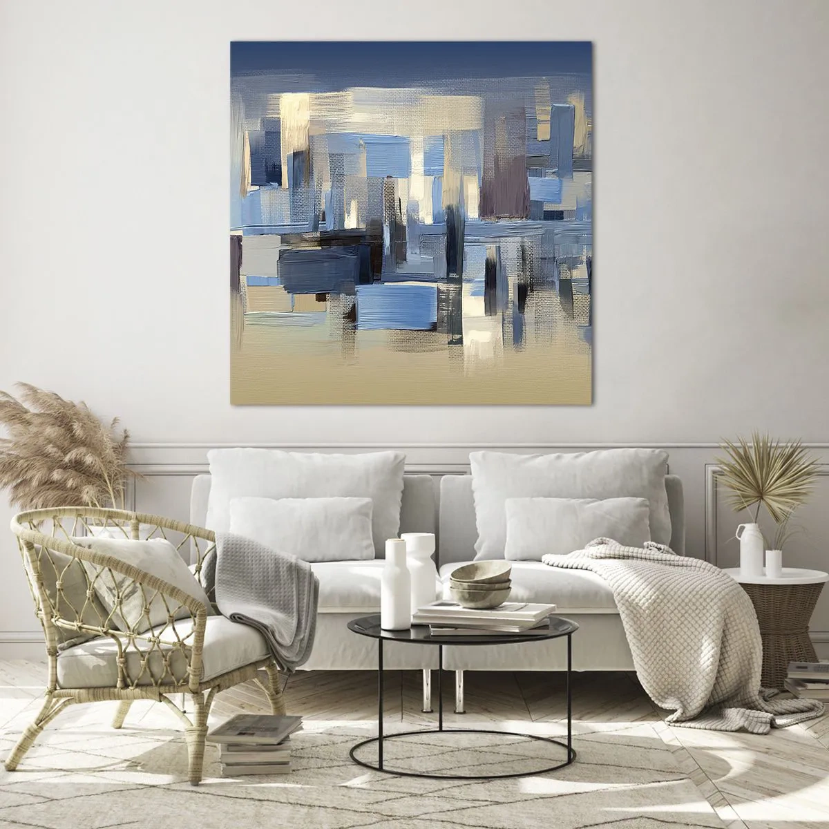 Schilderen op glas - Blauwe constructie - 70x70 cm