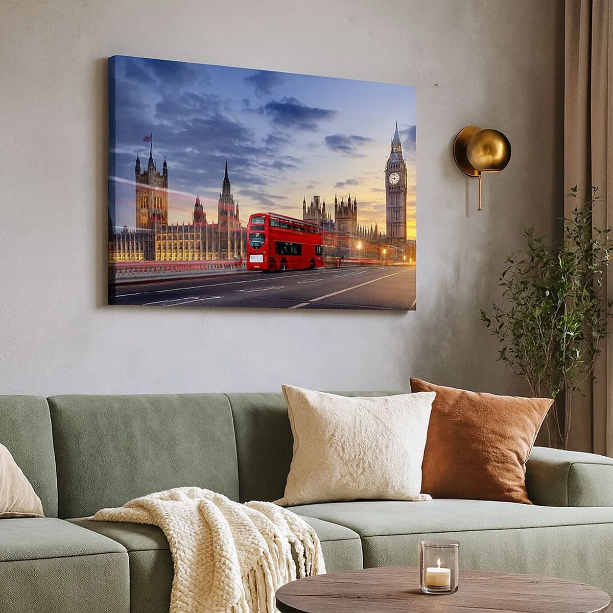Schilderen op canvas - Een rode bus met Big Ben en het Parlementsgebouw op de achtergrond in de schemering. - 70x50cm - Speciale tekens - Moderne wanddecoratie voor woonkamer en slaapkamer ARTTOR