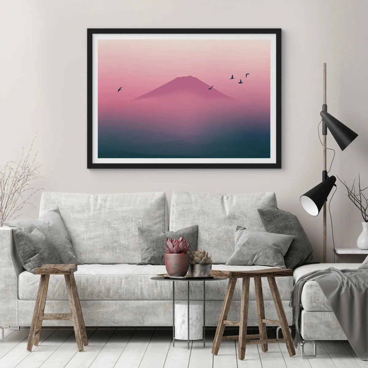 Poster in een zwarte lijst - Wandelaars boven de wolken - 100x70 cm