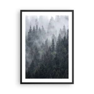 Poster in een zwarte lijst - Een mistig bos met hoge naaldbomen - 50x70cm - Bos dageraad - Moderne wanddecoratie voor woonkamer en slaapkamer ARTTOR