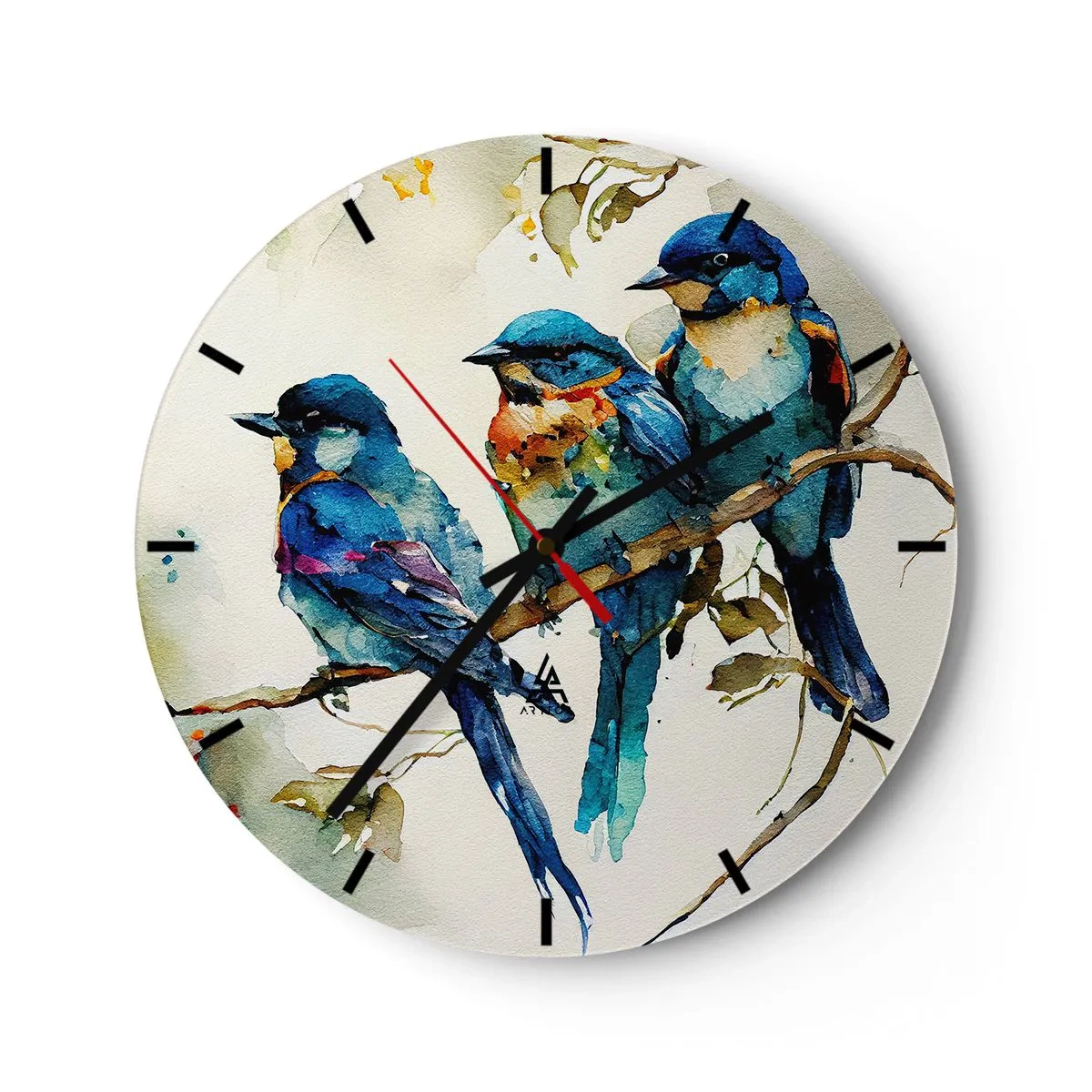Wandklok - Klok - Kleurrijke vogels op een tak in een aquarelillustratiestijl - 30x30cm - Is hij boos geworden? - Moderne wanddecoratie voor woonkamer, keuken en slaapkamer ARTTOR