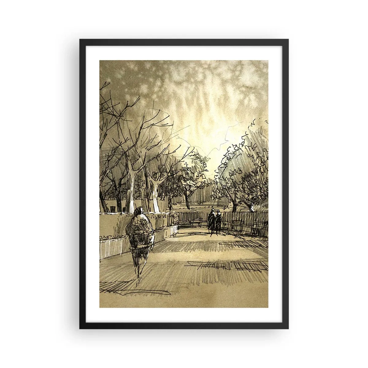Poster in een zwarte lijst - Sepia-getinte schetsstijl parkillustratie - 50x70cm - Een moment gestopt met een veer - Moderne wanddecoratie voor woonkamer en slaapkamer ARTTOR