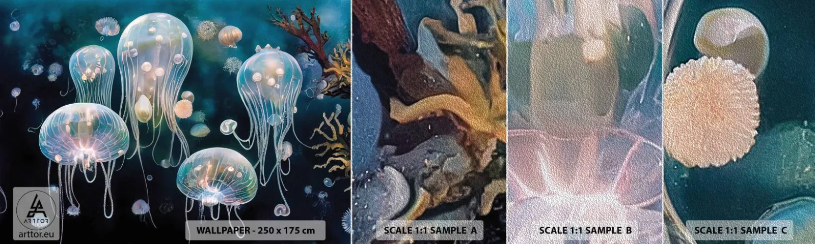 Fotobehang Monster Premium Sand - Ondferwaterbal - Kwallen, Dieren, Diepten - 100x30 cm