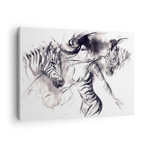 Schilderen op canvas - Een vrouw in een dynamische dans met zebra's in een zwart-witte esthetiek - 70x50cm - Dansend met de zebra's - Moderne wanddecoratie voor woonkamer en slaapkamer ARTTOR